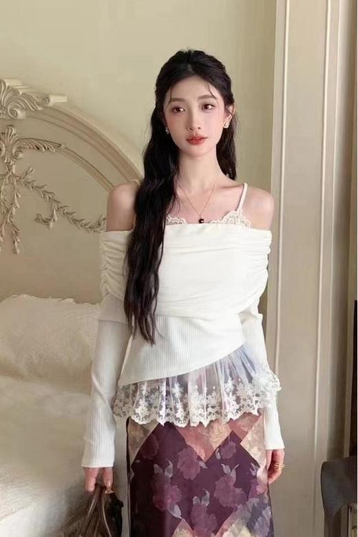 ANSUABEL 纯欲风性感吊带+荷叶边一字肩上衣两件套 21494 商品图0