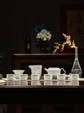 新品 富玉 | 景德镇玲珑瓷组合功夫茶具天青10头茶具