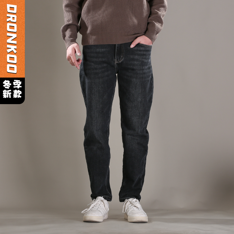 DRONKOO 2025 织带腰带表袋右后袋棕皮标一体绒卡其底厚牛仔长裤