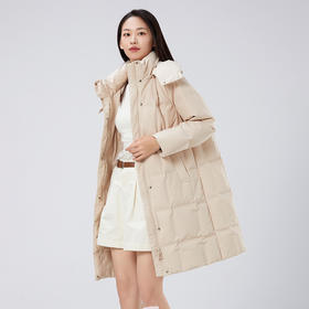 個调冬季新款时尚简约宽松连帽鸭绒中长款羽绒服8826