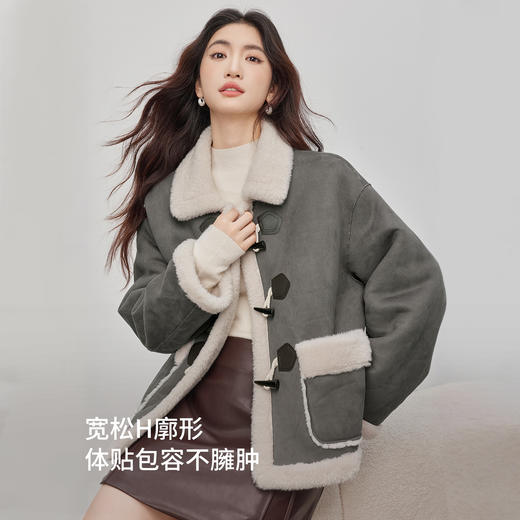 【年货节】熙世界仿生麂皮绒牛角扣短外套女冬季皮毛一体毛绒绒翻领保暖大衣 商品图1