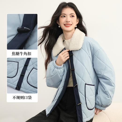 【11/19新品】熙世界牛角扣菱格棉服短款外套女2025冬装新款巴恩风毛绒翻领棉衣 商品图1