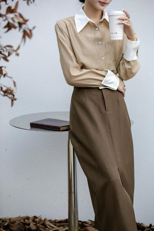 ESTELLICA 气质翻领拼接撞色长袖衬衫 21486 商品图2