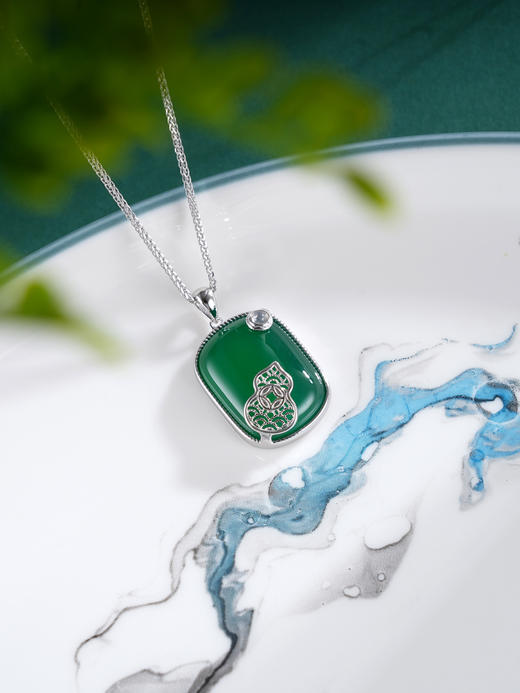 子佩集S925银【灵葫逸韵】套链【TL015473】纯银绿玉髓方块方牌葫芦无事牌项链2504 商品图0