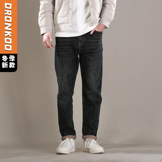 DRONKOO 2025 正常腰左袋右后袋白棕绣线一体绒浅咖底厚牛仔长裤 商品图0
