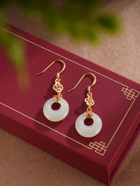 子佩集S925银【福华相见】耳环【ES00514】纯银和田玉镀金平安扣2504