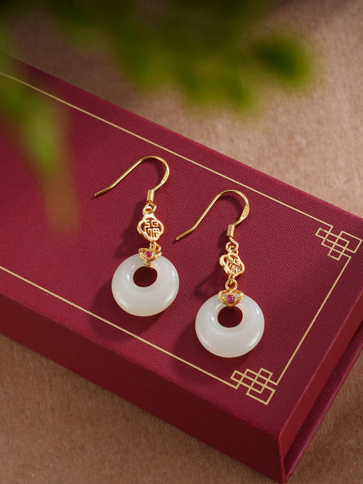 子佩集S925银【福华相见】耳环【ES00514】纯银和田玉镀金平安扣2504 商品图0