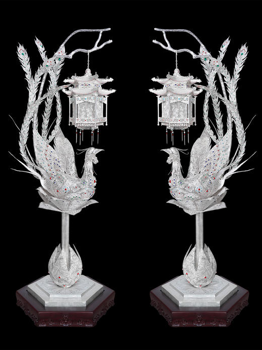 子佩集S999银手工银花丝【凤鸣朝阳宫灯银花丝摆件】大师工坊原创设计（一对）2506 商品图0