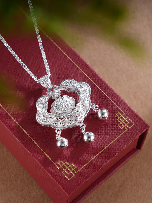 子佩集S990银【福星】福之将至长命锁套链【CM4011】纯银花丝锁项链2504 商品图0