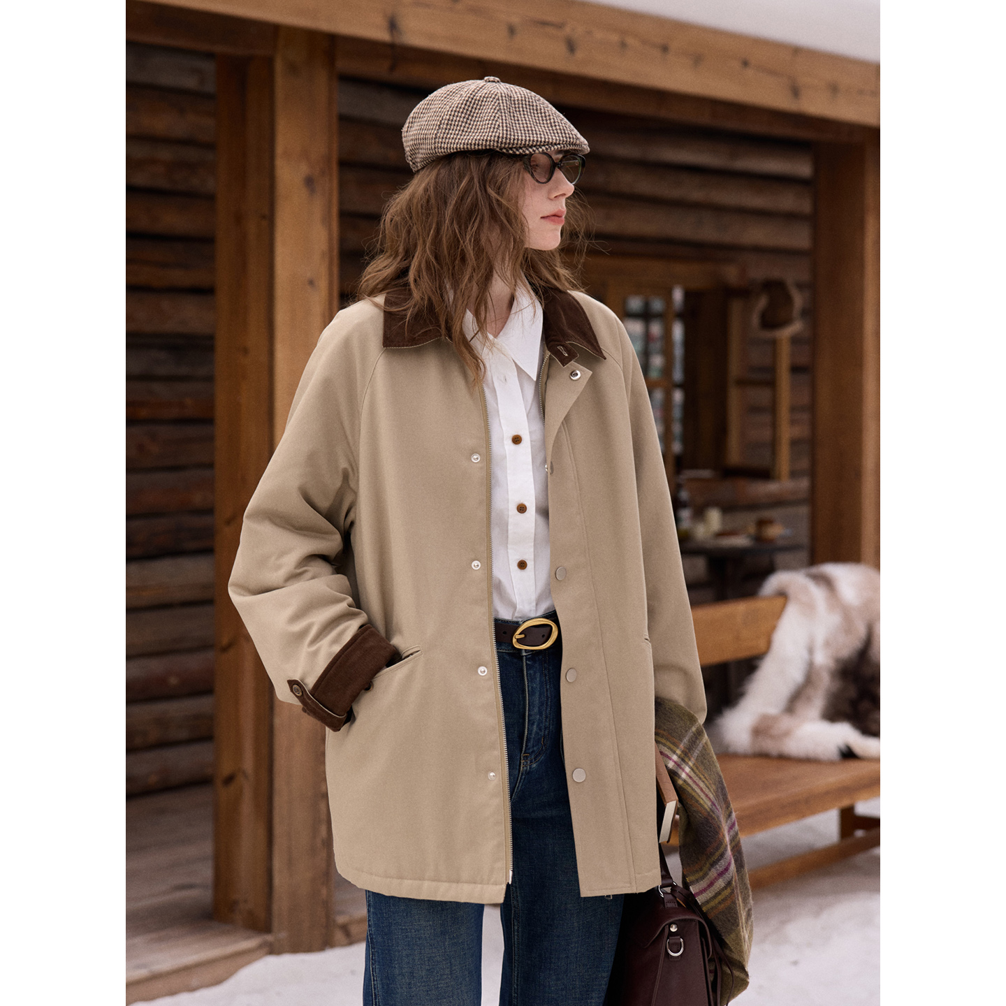 SimpleRetro撞色中长款夹棉风衣棉服外套