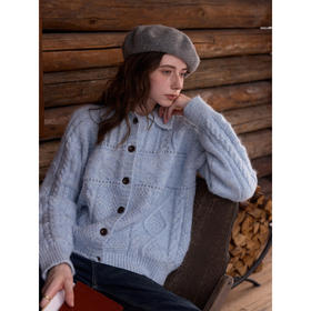 SimpleRetro慵懒风翻领绞花针织开衫女冬