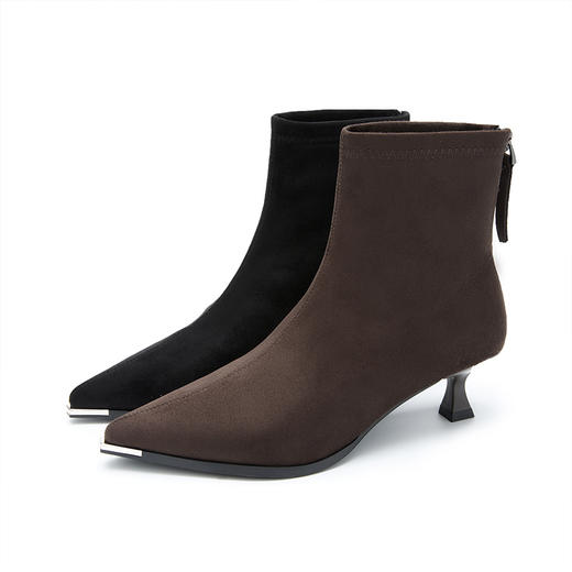 西遇尖头短靴女新款秋冬细跟高跟鞋绒面洋气法式黑色瘦瘦靴V2257149 商品图4