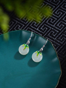 子佩集S925银【竹意诗情】耳环【ES00822】纯银和田玉珐琅彩平安扣2504