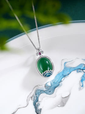 子佩集S925银【清波莲影】套链【TL015500】纯银绿玉髓珐琅彩项链2504