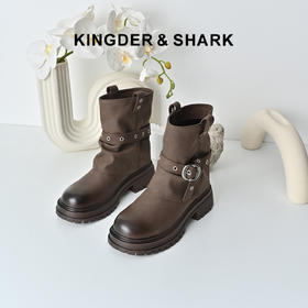 经典鲨2025年专柜新款百搭圆头加绒保暖时尚潮酷套筒短靴女KW119-558191