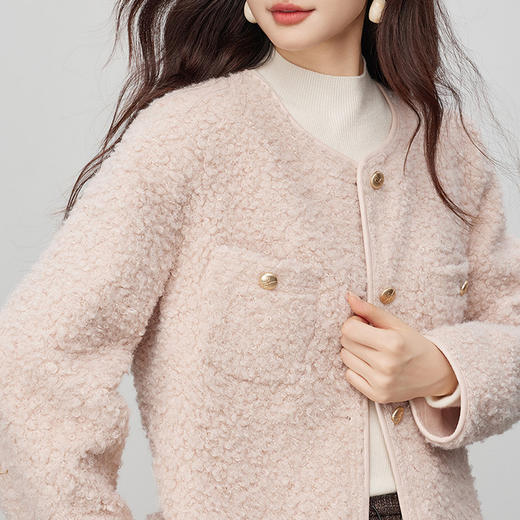 【11/19新品】熙世界仿皮草粉色小香风短外套女冬季气质名媛圆领圈圈呢毛绒上衣 商品图4