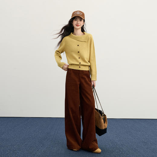 【11/19新品】熙世界绵羊毛翻领毛衣女长袖2025秋冬新款氛围感韩系奶黄色针织衫 商品图2