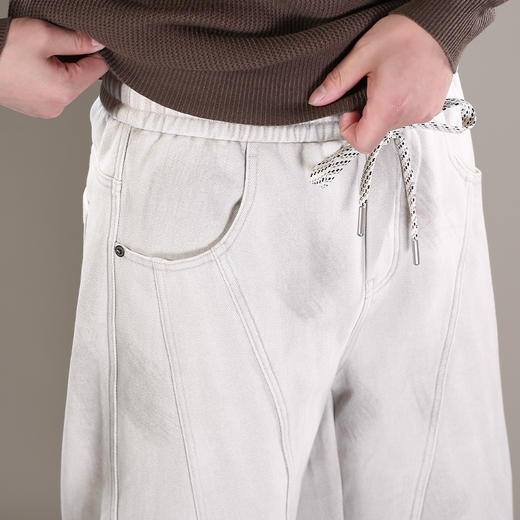 DRONKOO 2025 抽绳松紧腰破缝刷漆做旧复合薄绒厚牛仔长裤 商品图4