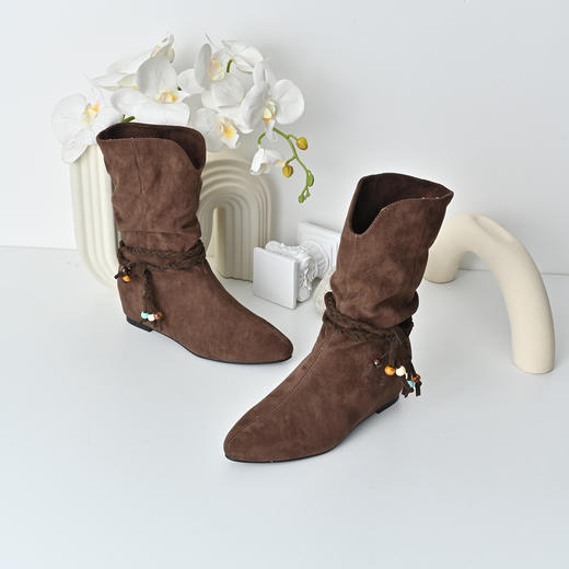 经典鲨2025冬专柜新品气质尖头内增高加绒复古气质中筒靴女KW119-558181 商品图3