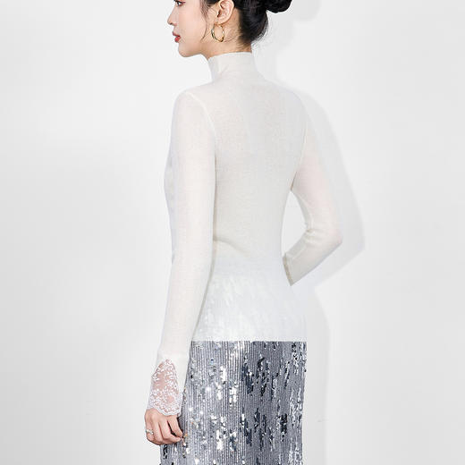 「高货wl」全新升级【铂金会员192/天猫259/差价67】(03617)洛诗琳气质烫钻针织衫2025秋冬女人味蕾丝拼接袖打底上衣 商品图4