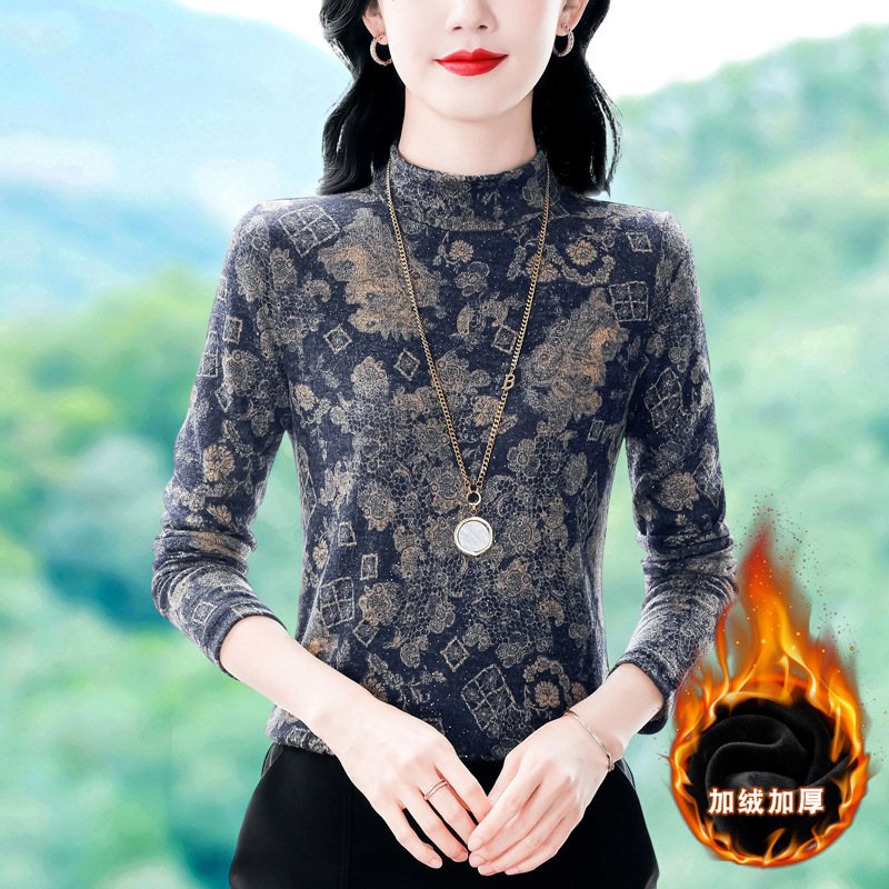 KQL 644G9277半高领加绒加厚长袖印花T恤洋气打底衫上衣