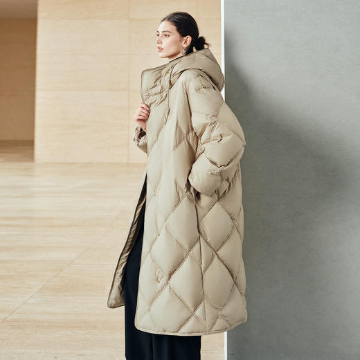 棉仓367615004-【90白鹅绒】菱形格廓型连帽羽绒服女25秋冬过膝中长款外套 商品图3