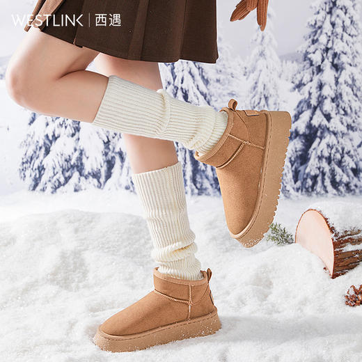西遇厚底雪地靴女新款冬季休闲短靴增高加厚加绒保暖东北棉鞋P0034261 商品图4