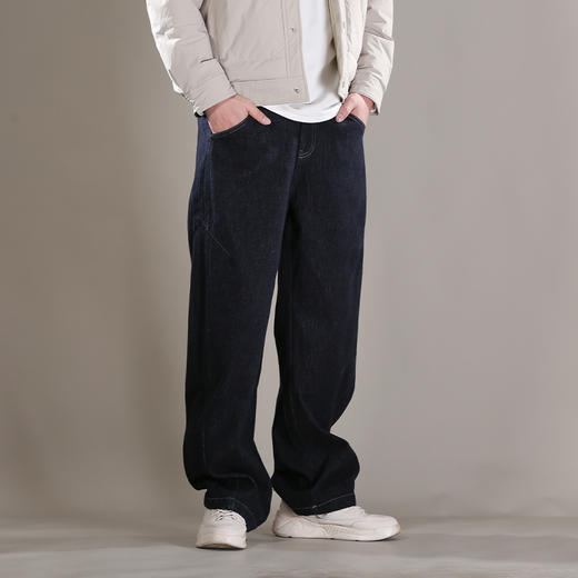 DRONKOO 2025 半松紧腰底竖条纹面磨毛普洗厚牛仔长裤 商品图2