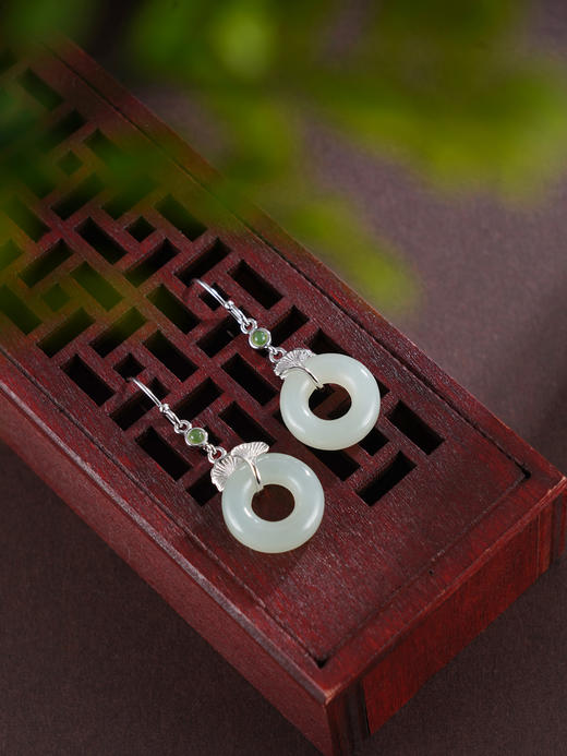 子佩集S925银【杏福欢喜】耳环【EG01886】纯银和田玉银杏平安扣2504 商品图0