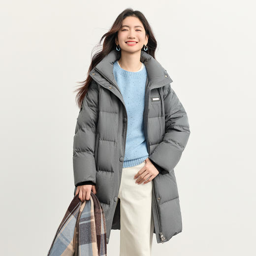 【年货节】熙世界高级感灰色羽绒服女中长款气质连帽防风保暖外套2025冬新款 商品图4