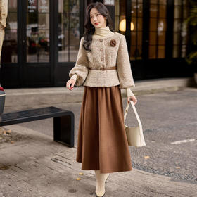 小香风显瘦气质名媛粗花呢，羽绒外套毛呢半身裙套装HR-ZYQF19