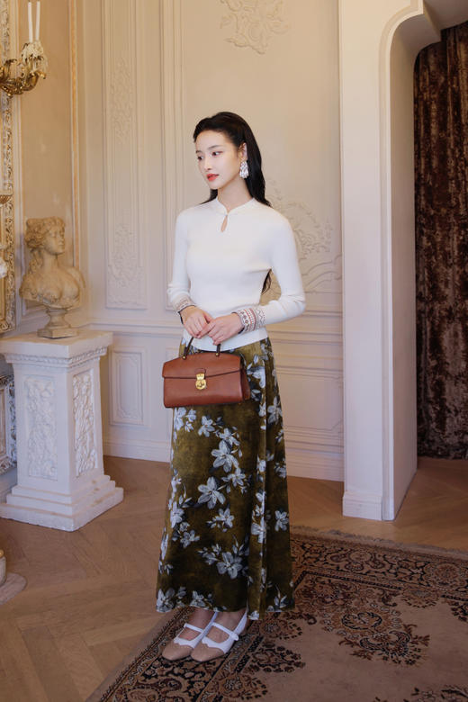 逸红颜明月优选#百合花丝绒半裙『香满庭』复古浪漫大气百合印花，百搭典雅新中式 商品图6