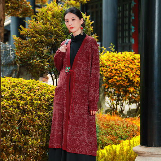 【秋冬新品外套】七夜弦毛织提花长开衫 | 墨绿色 酒红色 商品图0