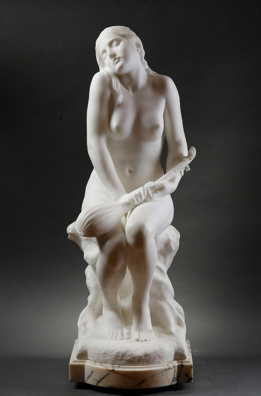独角鹿西洋古董19世纪末20世纪初法国雕塑家Laurent-Honoré Marqueste签名创作人物主题卡拉拉大理石雕塑作品《蝉之女神》 商品图0