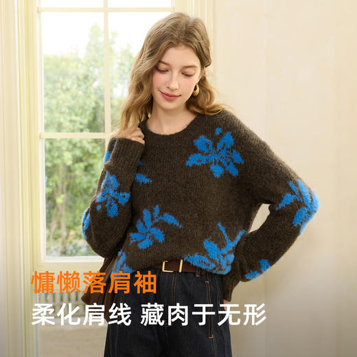 三彩2025冬季新款花朵针织衫撞色圆领落肩袖毛衫宽松套头简约S 商品图3
