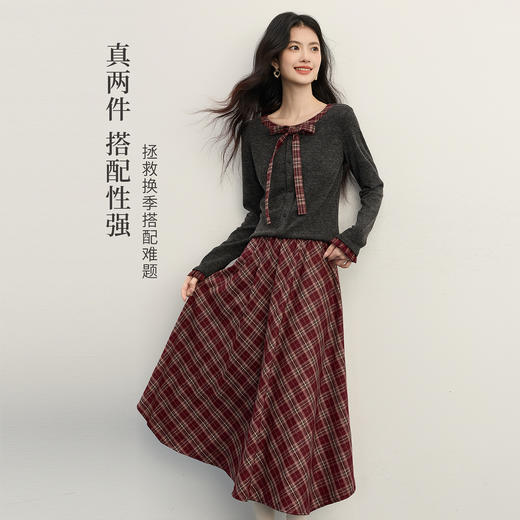 【11/19新品】熙世界MIU系学院风套装女秋冬新款蝴蝶结针织衫格纹半身裙两件套 商品图1