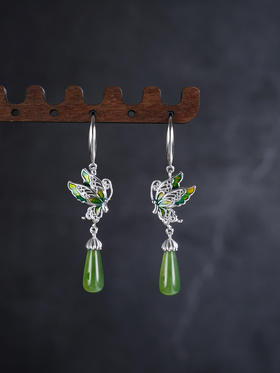 子佩集S925银【翠蝶千寻】耳环【EG02244】纯银和田碧玉蝴蝶珐琅彩2504