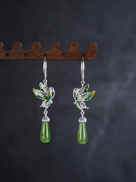 子佩集S925银【翠蝶千寻】耳环【EG02244】纯银和田碧玉蝴蝶珐琅彩2504 商品图0