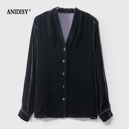 2026春优雅气质V领长袖单排扣真丝丝绒衬衫 商品图2