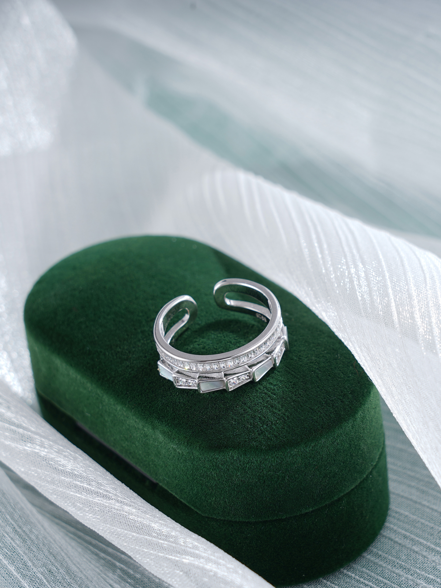 子佩集S925银【梦幻绮缘】戒指【JL070753】纯银锆石白贝母阶梯双圈2504