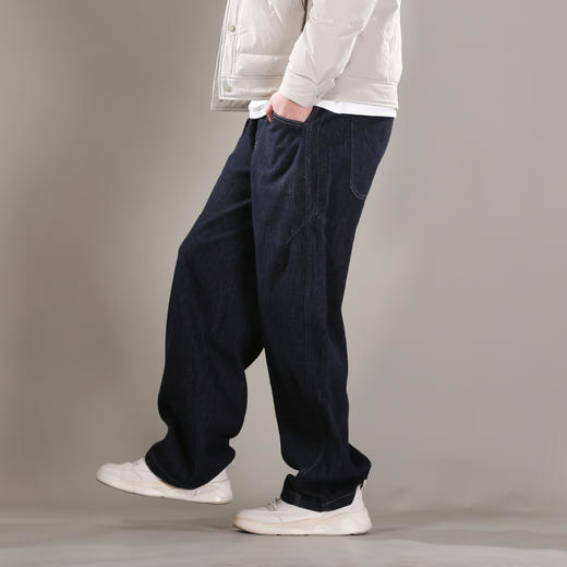 DRONKOO 2025 半松紧腰底竖条纹面磨毛普洗厚牛仔长裤 商品图1