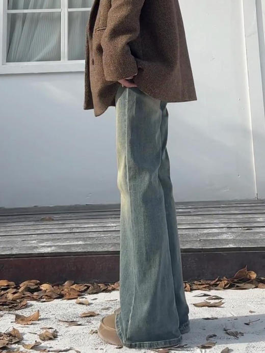 【GZ】无忧购加绒加厚复古蓝女冬季高腰显瘦时尚百搭微喇马蹄裤187-1（截单后3-5天发货） 商品图1