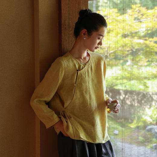 绽放女装514朵/墨染工艺亚麻新中式斜襟正常肩简约长袖衬衫女秋季 商品图0