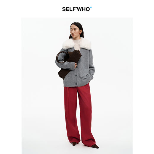 SELFWHO100%绵羊毛V领针织衫女2025冬新款宽松保暖可拆卸毛领毛衣 商品图2