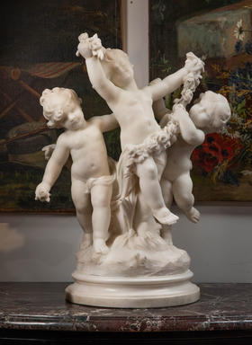 独角鹿西洋古董19世纪末20世纪初法国雕塑家Hippolyte Moreau签名创作小天使主题大理石雕塑