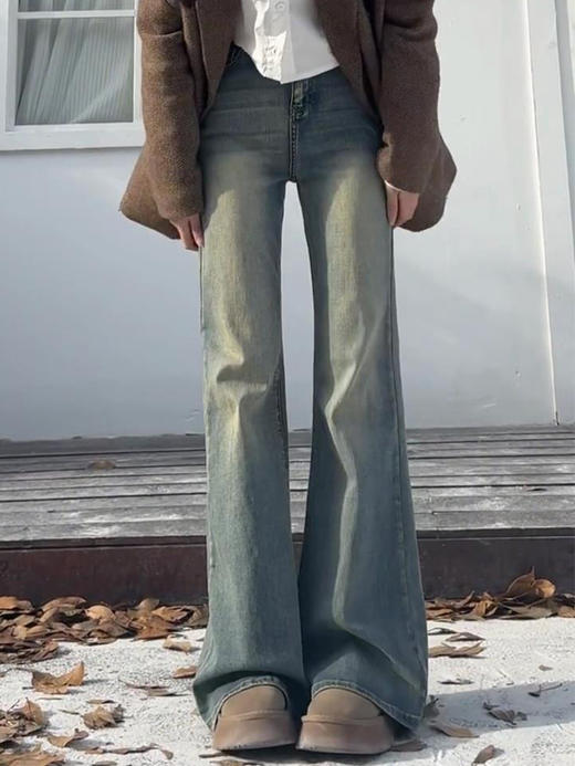 【GZ】无忧购加绒加厚复古蓝女冬季高腰显瘦时尚百搭微喇马蹄裤187-1（截单后3-5天发货） 商品图0