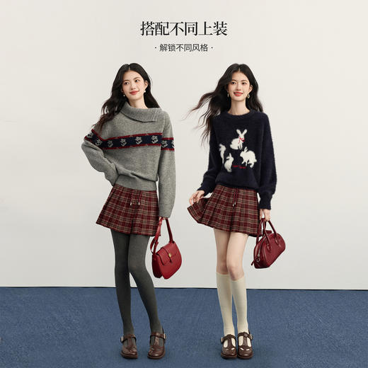 【11/19新品】熙世界复古学院风红格纹百褶短裙女士高腰显瘦a字半身裙2025秋冬 商品图2