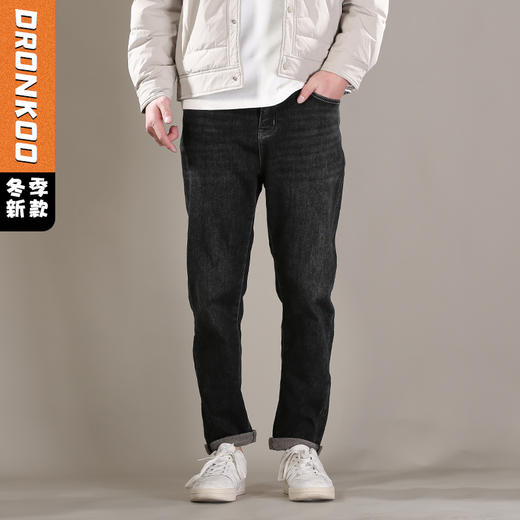 DRONKOO 2025 正常腰表袋右后袋蓝绿皮标一体绒厚牛仔长裤 商品图0