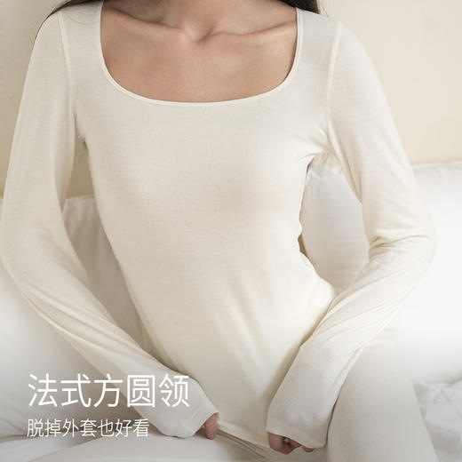 靴下物秋冬法式方圆领发热保暖内衣女弹力女士保暖长袖打底衫套装 商品图0