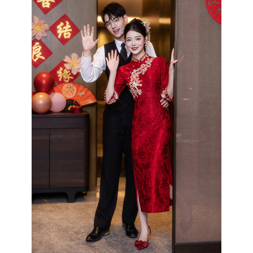 重工红色旗袍敬酒服，便装回门订婚中式礼服裙秋冬LSB 商品图3